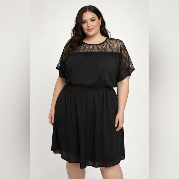 maitai Dresses & Skirts - Maitai Black Lace Yoke Chiffon Dress | Elastic Waist | Short Sleeve (1160-6)